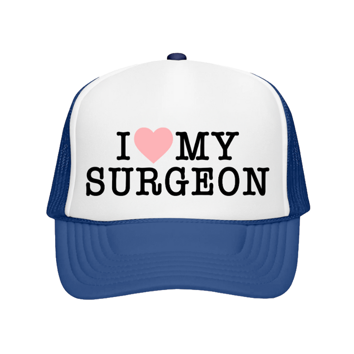Blue and white cap with 'I ❤️ MY SURGEON' text on a white background